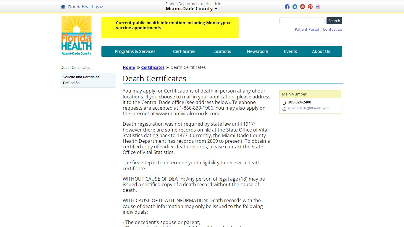 Death Certificates | Florida Department of Health in Miami-Dade