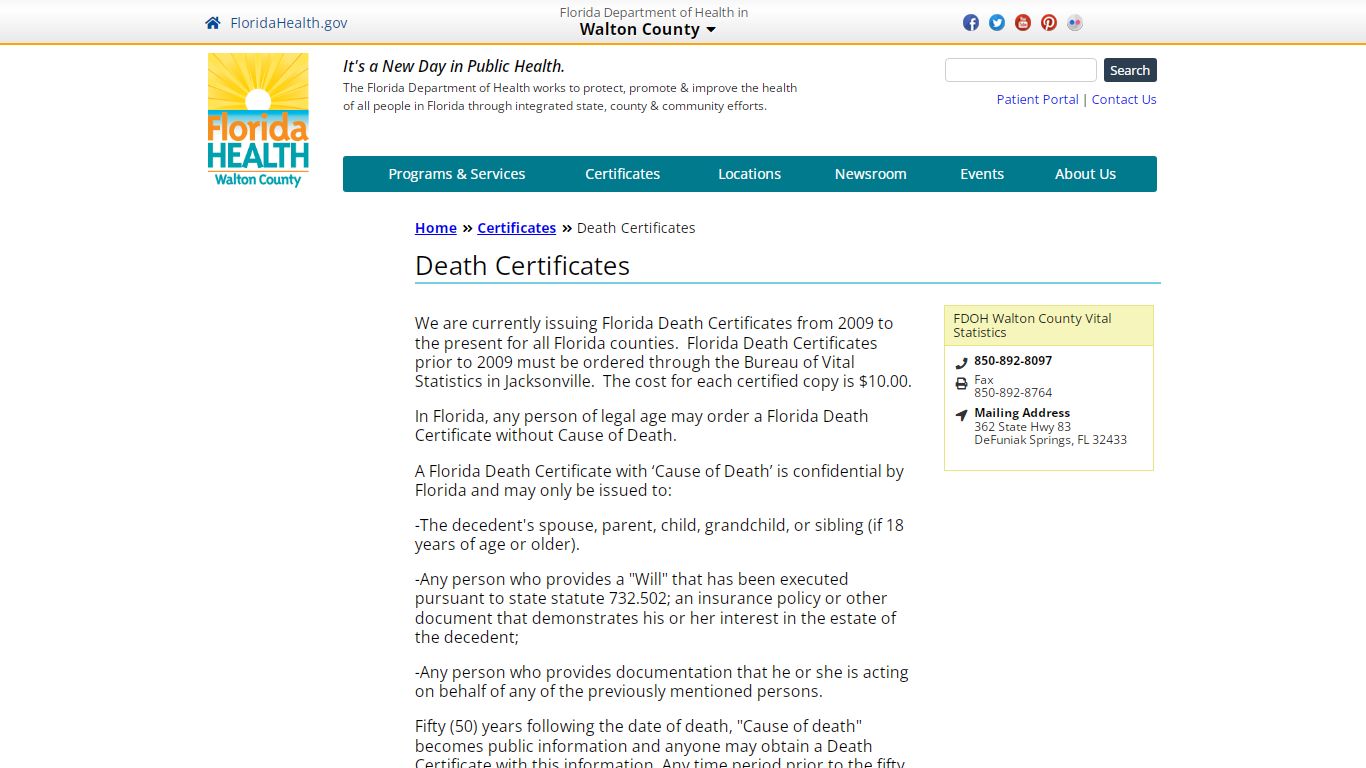 Death Certificates | Florida Department of Health in Walton