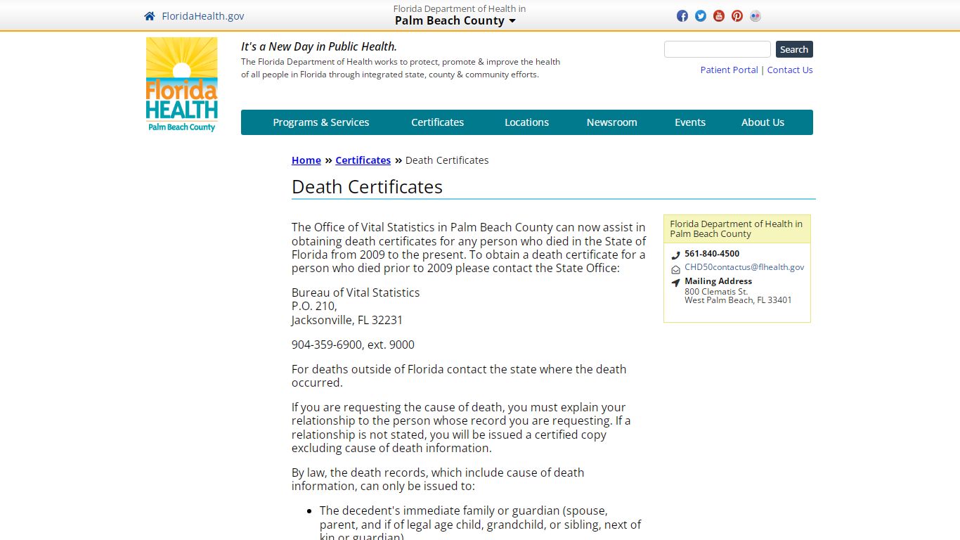 Death Certificates | Florida Department of Health in Palm Beach