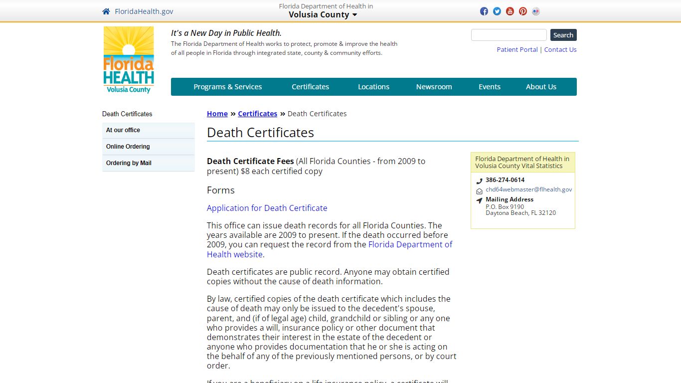 Death Certificates | Florida Department of Health in Volusia